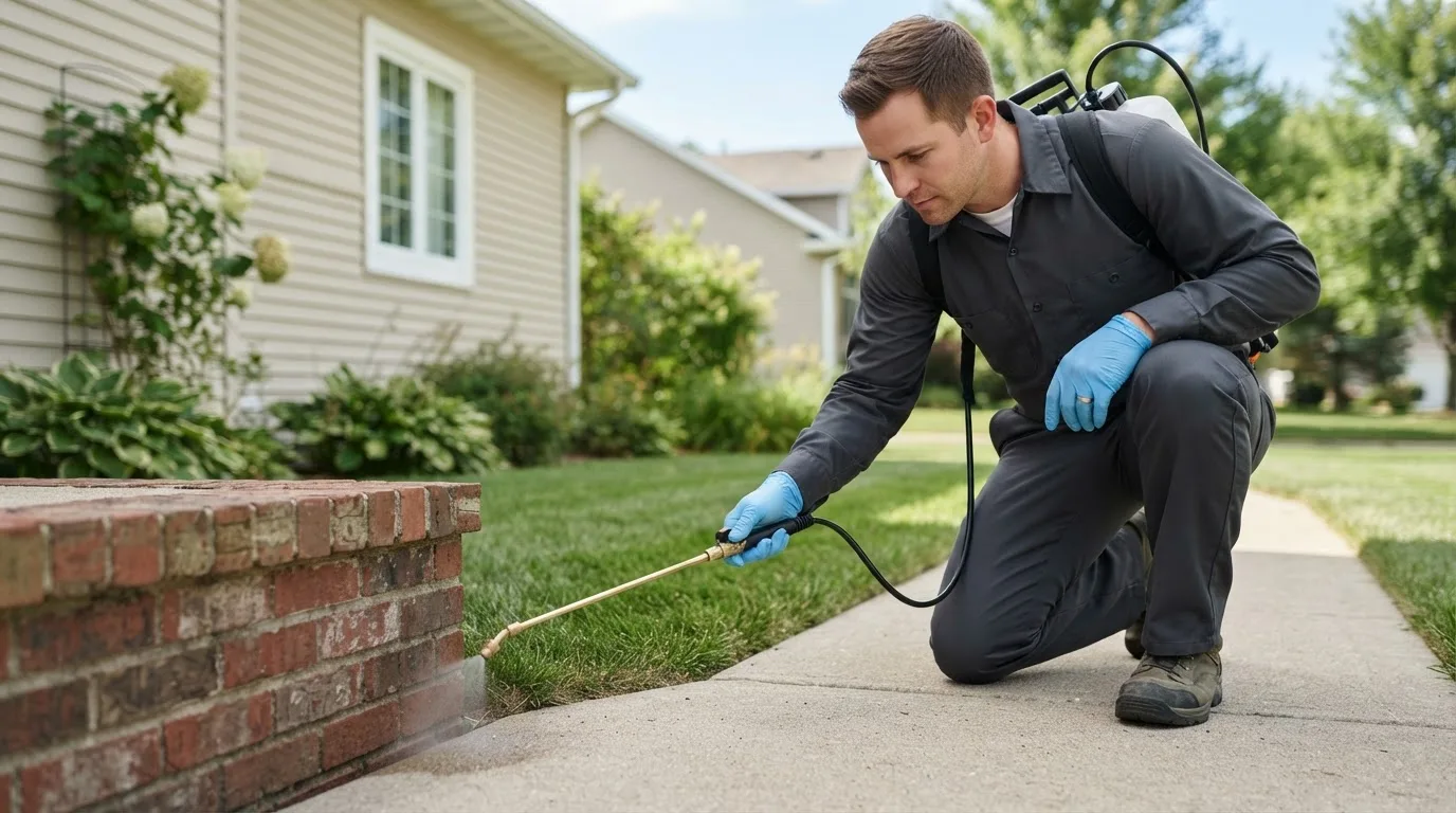 Pest control technician treating a home near Lima, OH