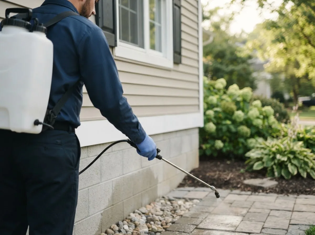 Pest control technician inspecting a home in Lima, OH
